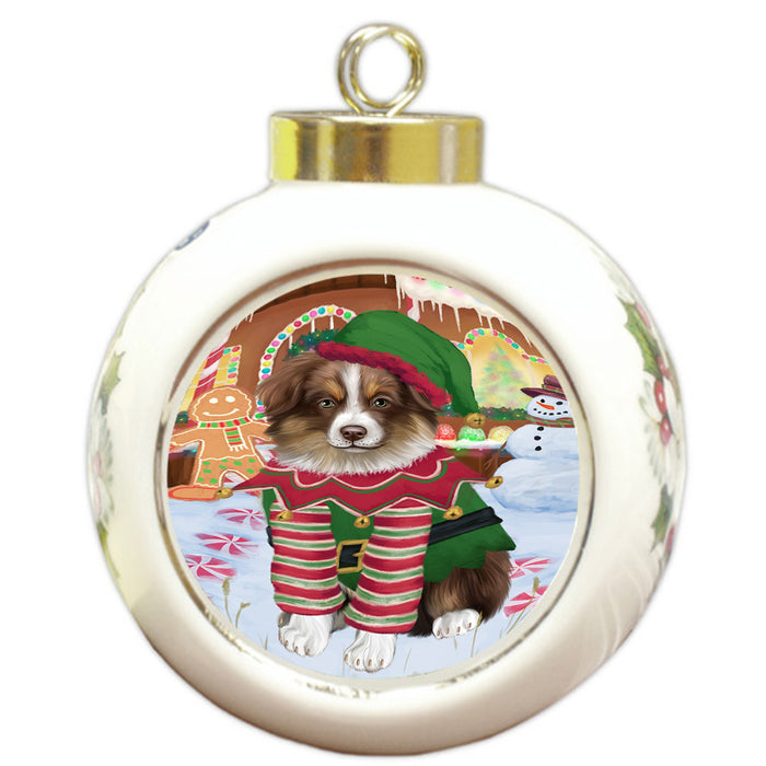 Christmas Gingerbread House Candyfest Australian Shepherd Dog Round Ball Christmas Ornament RBPOR56512
