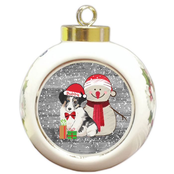 Custom Personalized Snowy Snowman and Australian Shepherd Dog Christmas Round Ball Ornament