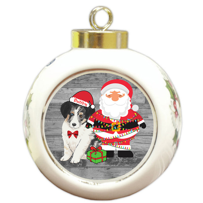 Custom Personalized Australian Shepherd Dog With Santa Wrapped in Light Christmas Round Ball Ornament