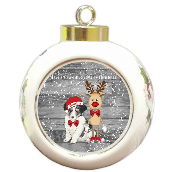 Custom Personalized Australian Shepherd Dog Reindeer and Pooch Christmas Round Ball Ornament
