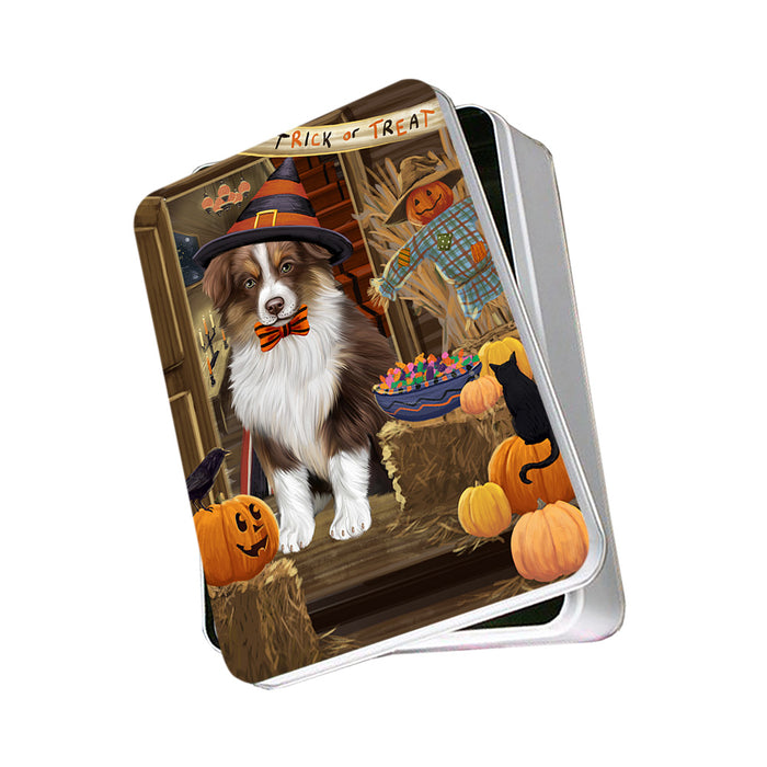 Enter at Own Risk Trick or Treat Halloween Australian Shepherd Dog Photo Storage Tin PITN52968