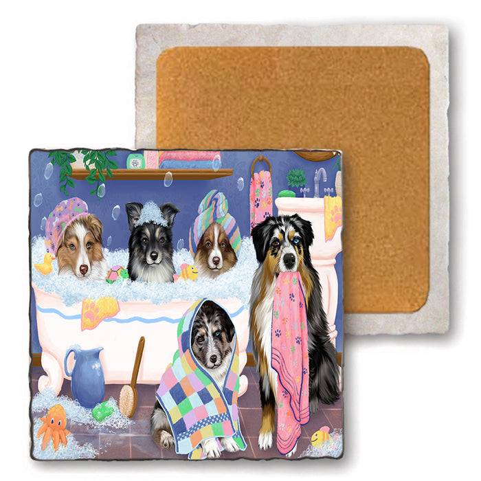 Rub A Dub Dogs In A Tub Australian Shepherds Dog Set of 4 Natural Stone Marble Tile Coasters MCST51757