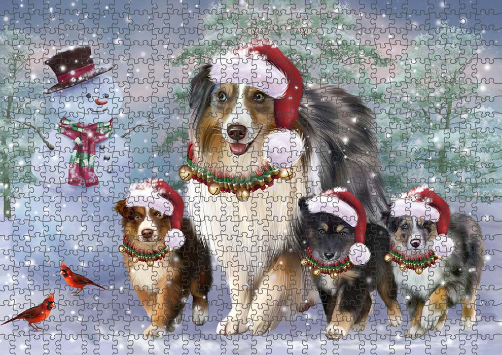 Christmas Running Family Australian Shepherds Dog Puzzle with Photo Tin PUZL90048