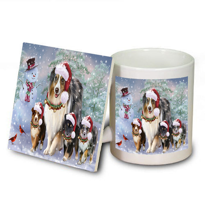 Christmas Running Family Australian Shepherds Dog Mug and Coaster Set MUC55453