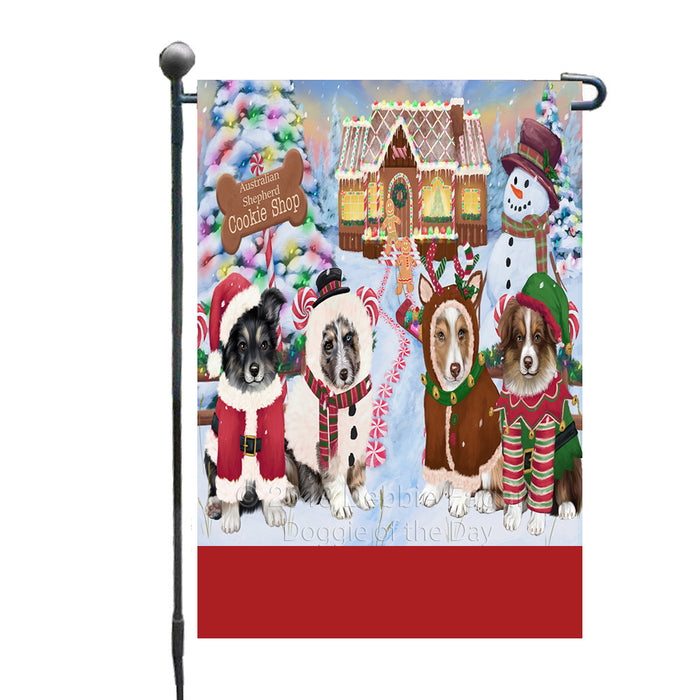 Personalized Holiday Gingerbread Cookie Shop Australian Shepherd Dogs Custom Garden Flags GFLG-DOTD-A59173