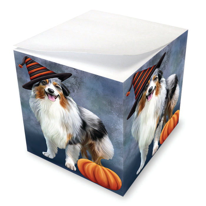 Happy Halloween Australian Shepherd Dog Wearing Witch Hat with Pumpkin Note Cube NOC56506