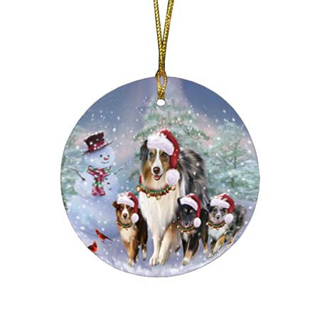 Christmas Running Family Australian Shepherds Dog Round Flat Christmas Ornament RFPOR55817
