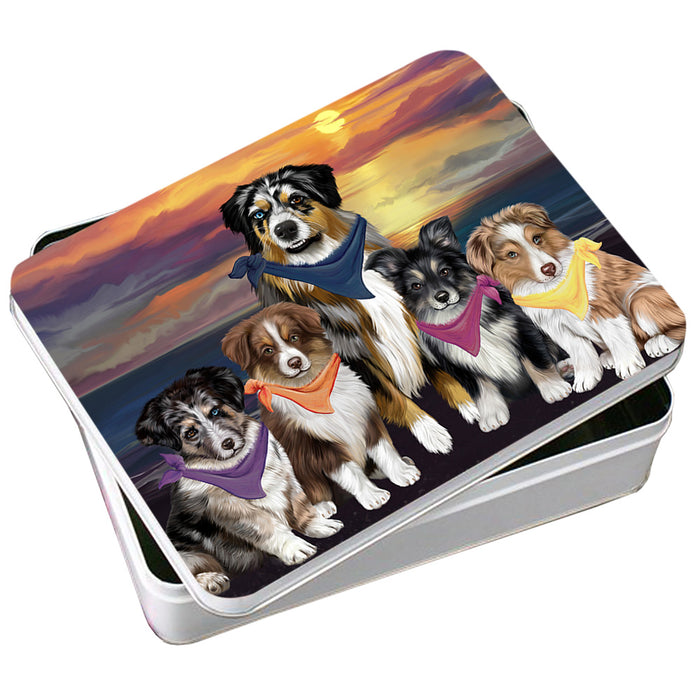 Family Sunset Portrait Australian Shepherds Dog Photo Storage Tin PITN50232