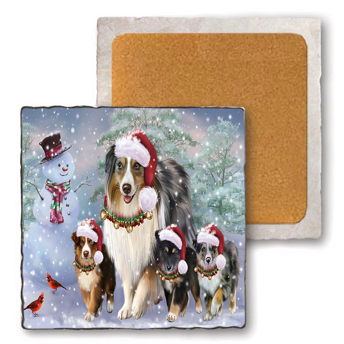 Christmas Running Family Australian Shepherds Dog Set of 4 Natural Stone Marble Tile Coasters MCST50461