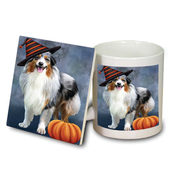 Happy Halloween Australian Shepherd Dog Wearing Witch Hat with Pumpkin Mug and Coaster Set MUC54852