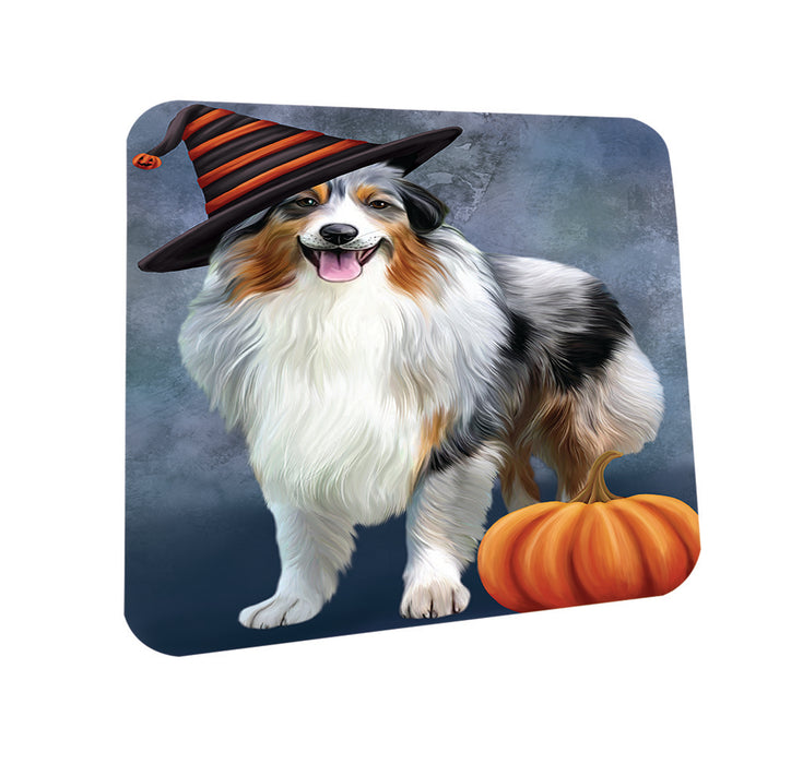 Happy Halloween Australian Shepherd Dog Wearing Witch Hat with Pumpkin Coasters Set of 4 CST54818