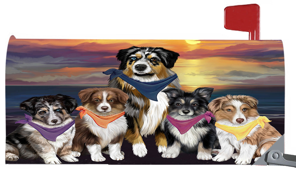 Family Sunset Portrait Australian Shepherd Dogs Magnetic Mailbox Cover MBC48442