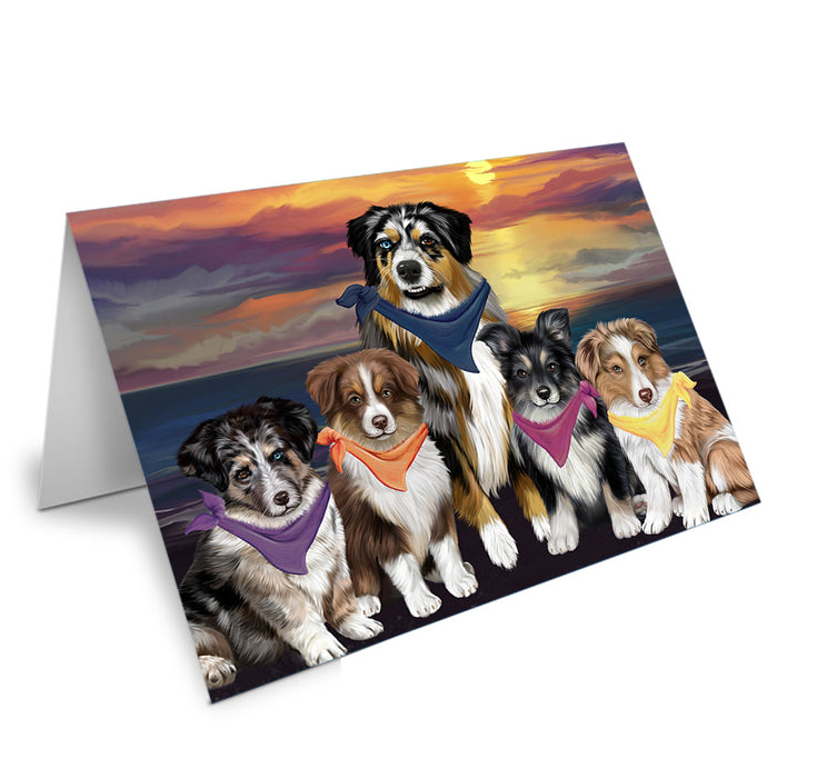 Family Sunset Portrait Australian Shepherds Dog Handmade Artwork Assorted Pets Greeting Cards and Note Cards with Envelopes for All Occasions and Holiday Seasons GCD54725