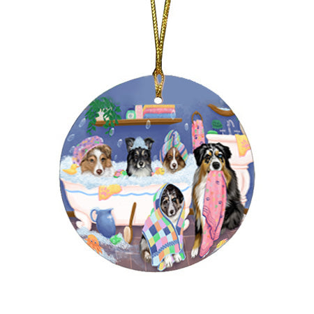 Rub A Dub Dogs In A Tub Australian Shepherds Dog Round Flat Christmas Ornament RFPOR57113