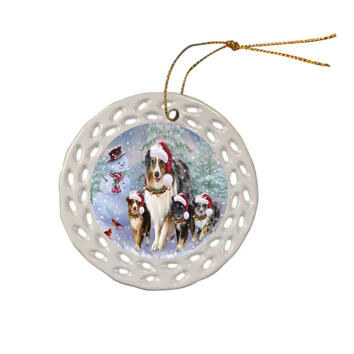 Christmas Running Family Australian Shepherds Dog Ceramic Doily Ornament DPOR55817