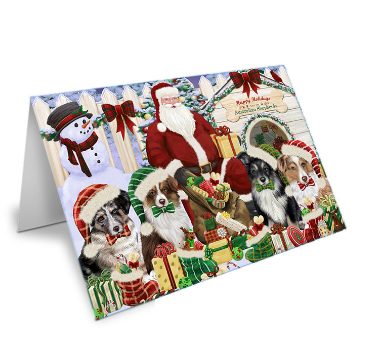 Happy Holidays Christmas Australian Shepherds Dog House Gathering Handmade Artwork Assorted Pets Greeting Cards and Note Cards with Envelopes for All Occasions and Holiday Seasons GCD57854