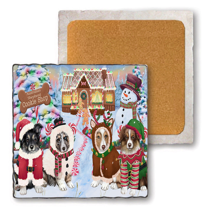 Holiday Gingerbread Cookie Shop Australian Shepherds Dog Set of 4 Natural Stone Marble Tile Coasters MCST51099