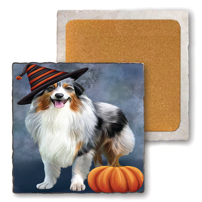 Happy Halloween Australian Shepherd Dog Wearing Witch Hat with Pumpkin Set of 4 Natural Stone Marble Tile Coasters MCST49860