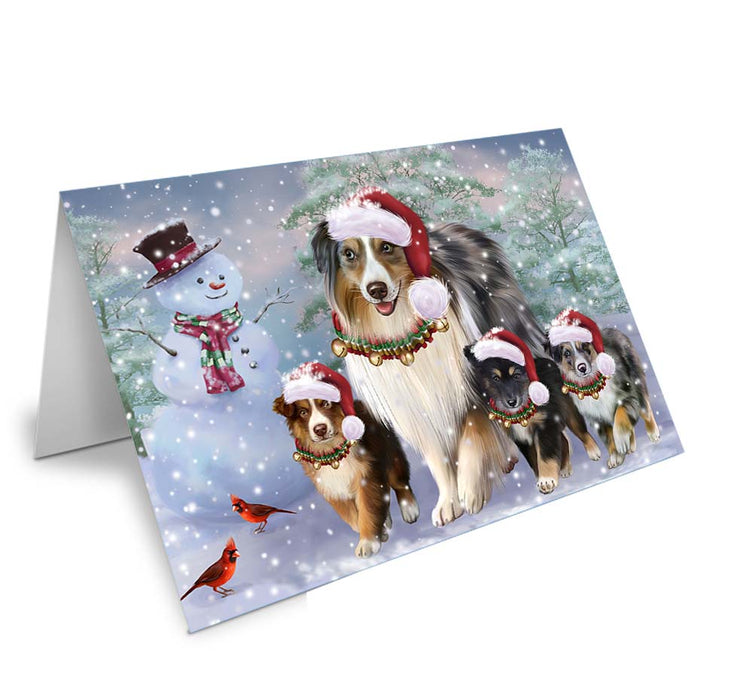 Christmas Running Family Australian Shepherds Dog Handmade Artwork Assorted Pets Greeting Cards and Note Cards with Envelopes for All Occasions and Holiday Seasons GCD70898