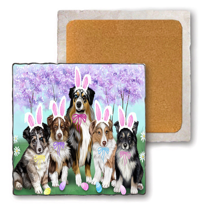 Easter Holiday Australian Shepherds Dog Set of 4 Natural Stone Marble Tile Coasters MCST49232