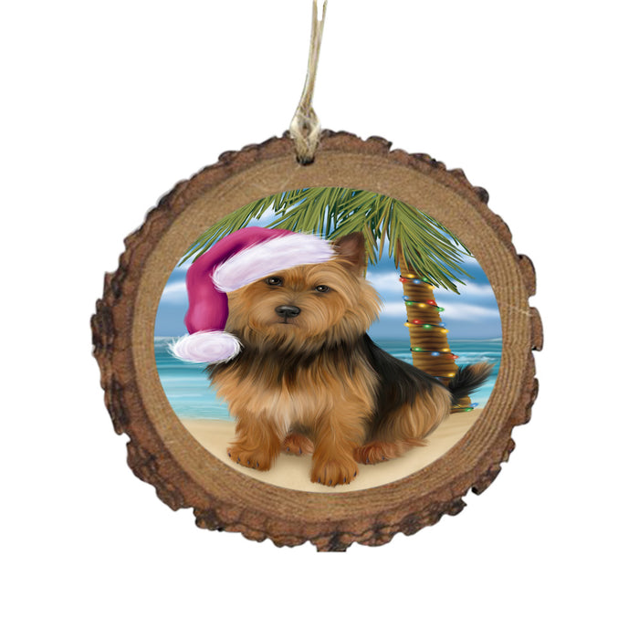 Summertime Happy Holidays Christmas Australian Terrier Dog on Tropical Island Beach Wooden Christmas Ornament WOR49344