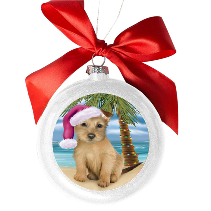 Summertime Happy Holidays Christmas Australian Terrier Dog on Tropical Island Beach White Round Ball Christmas Ornament WBSOR49345