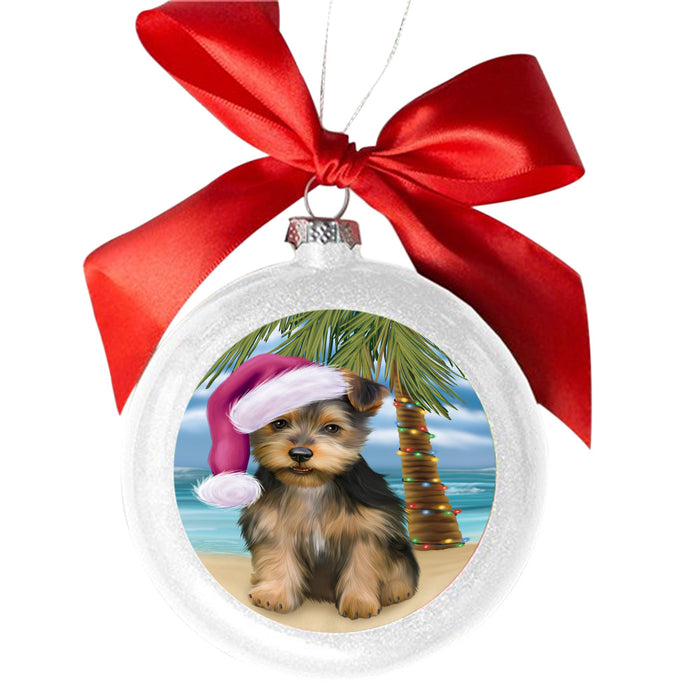 Summertime Happy Holidays Christmas Australian Terrier Dog on Tropical Island Beach White Round Ball Christmas Ornament WBSOR49346