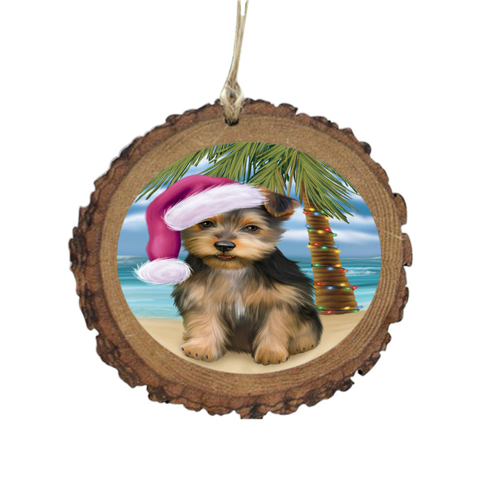 Summertime Happy Holidays Christmas Australian Terrier Dog on Tropical Island Beach Wooden Christmas Ornament WOR49346