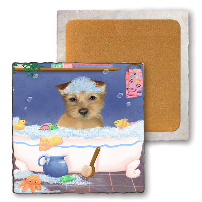 Rub A Dub Dog In A Tub Australian Terrier Dog Set of 4 Natural Stone Marble Tile Coasters MCST52298
