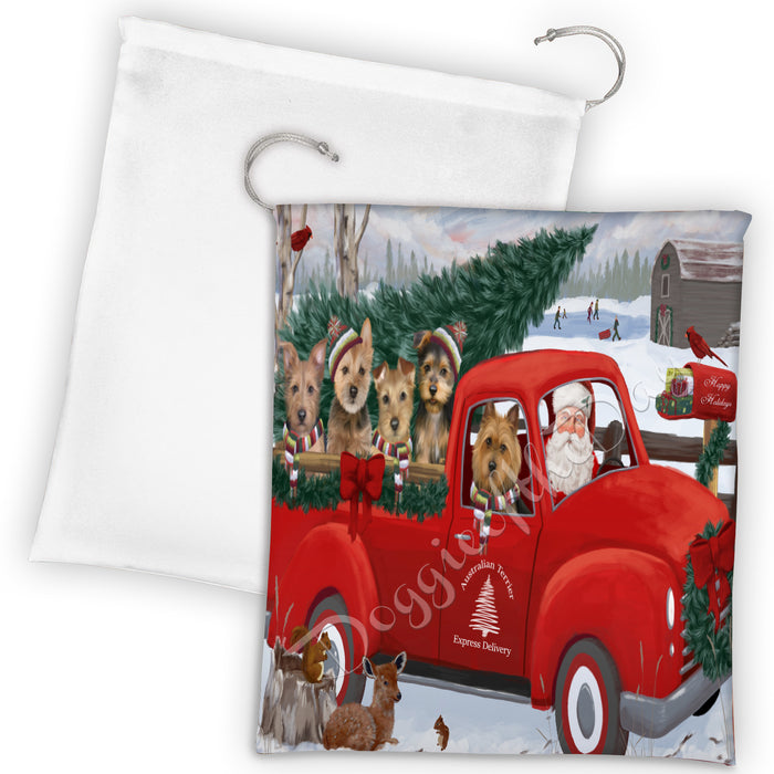 Christmas Santa Express Delivery Red Truck Australian Terrier Dogs Drawstring Laundry or Gift Bag LGB48274