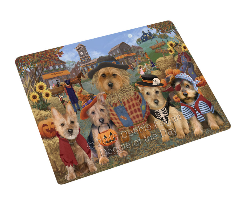 Halloween 'Round Town And Fall Pumpkin Scarecrow Both Australian Terrier Dogs Cutting Board C77029
