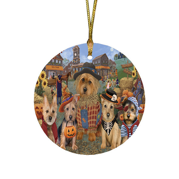 Halloween 'Round Town And Fall Pumpkin Scarecrow Both Australian Terrier Dogs Round Flat Christmas Ornament RFPOR57370