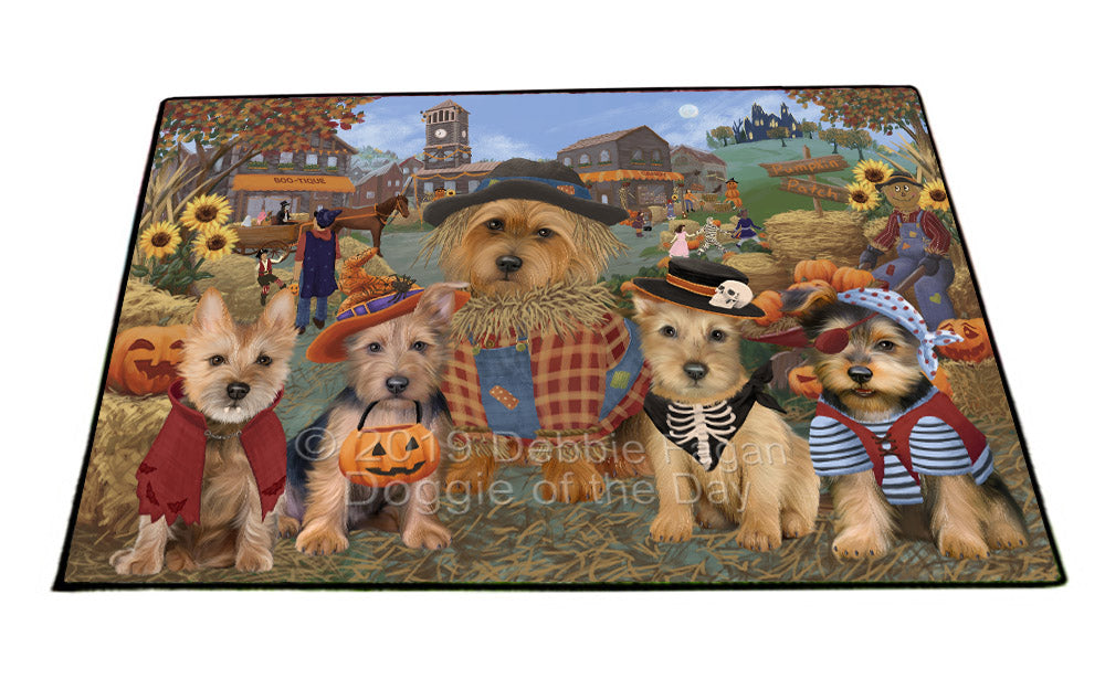 Halloween 'Round Town And Fall Pumpkin Scarecrow Both Australian Terrier Dogs Floormat FLMS53843