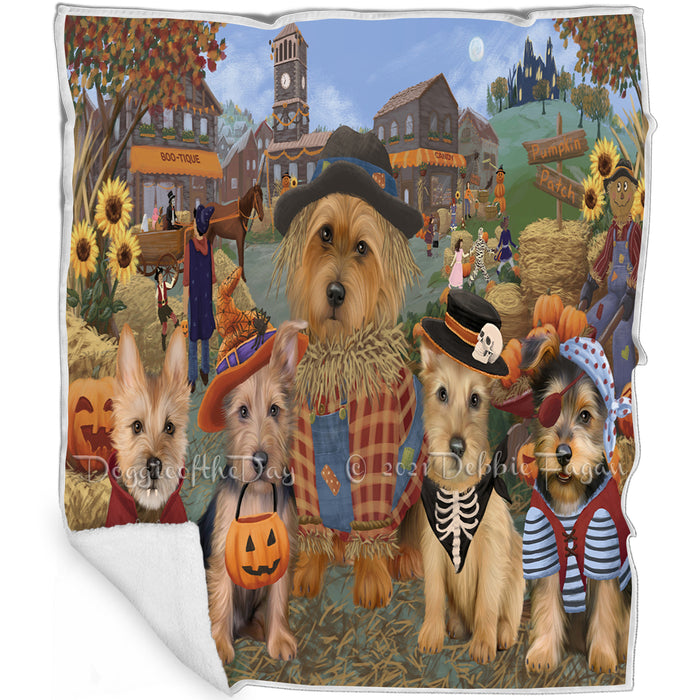 Halloween 'Round Town And Fall Pumpkin Scarecrow Both Australian Terrier Dogs Blanket BLNKT138656