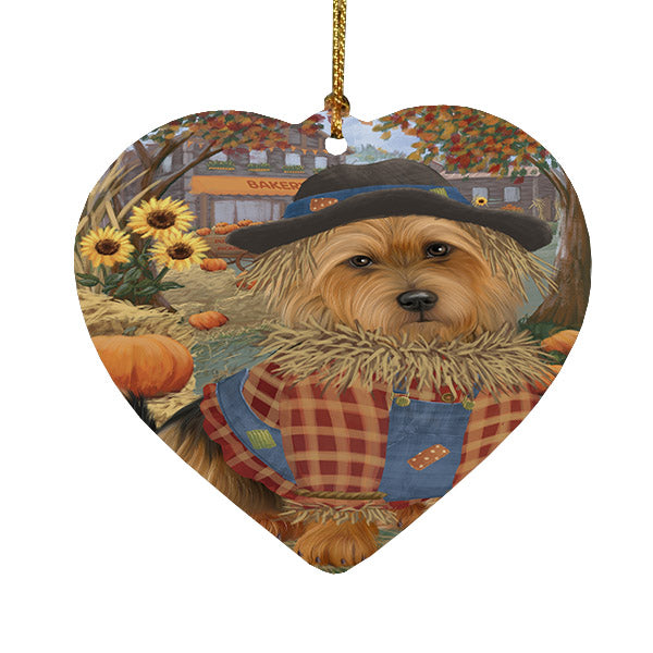 Fall Pumpkin Scarecrow Australian Terrier Dogs Heart Christmas Ornament HPOR57527