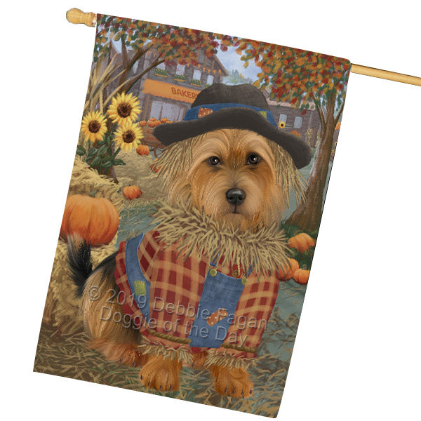 Halloween 'Round Town And Fall Pumpkin Scarecrow Both Australian Terrier Dogs House Flag FLG65683