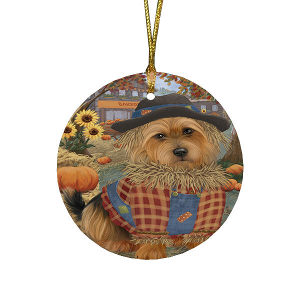 Halloween 'Round Town And Fall Pumpkin Scarecrow Both Australian Terrier Dogs Round Flat Christmas Ornament RFPOR57431
