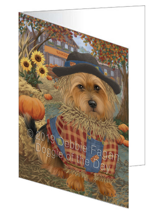 Fall Pumpkin Scarecrow Australian Terrier Dog Handmade Artwork Assorted Pets Greeting Cards and Note Cards with Envelopes for All Occasions and Holiday Seasons GCD77927