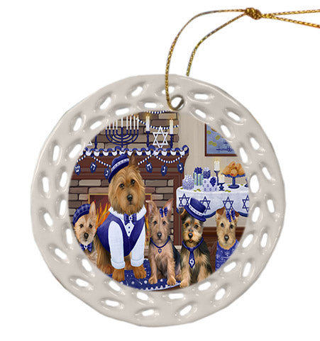 Happy Hanukkah Family Australian Terrier Dogs Ceramic Doily Ornament DPOR57588