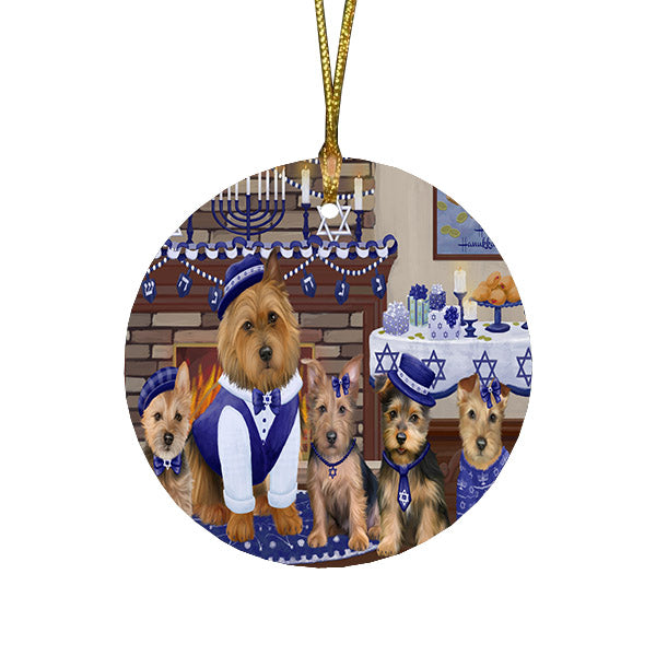 Happy Hanukkah Family and Happy Hanukkah Both Australian Terrier Dogs Round Flat Christmas Ornament RFPOR57492