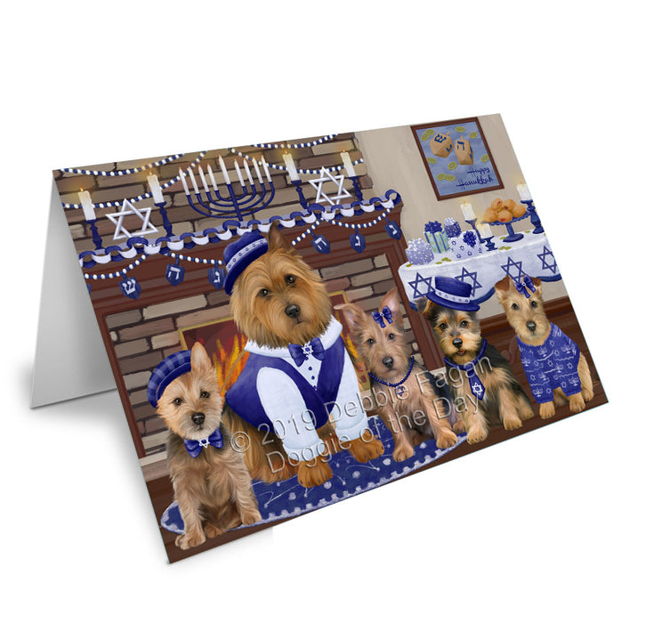Happy Hanukkah Family Australian Terrier Dogs Handmade Artwork Assorted Pets Greeting Cards and Note Cards with Envelopes for All Occasions and Holiday Seasons GCD78110