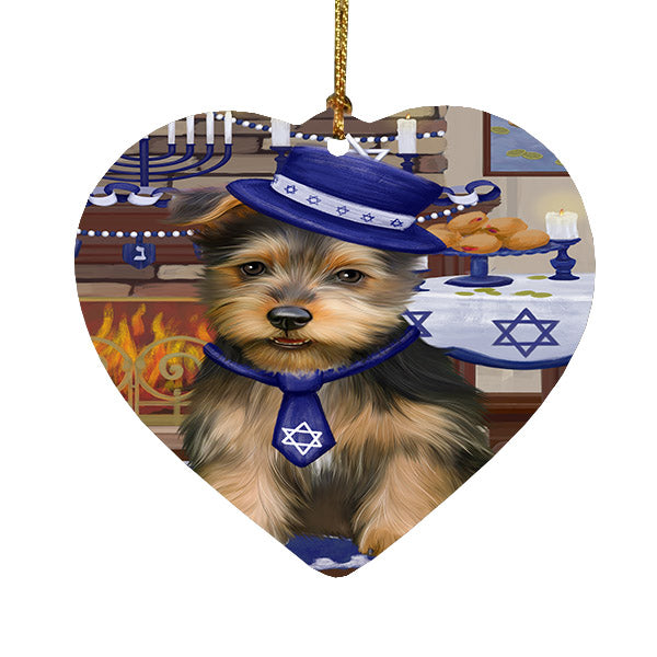 Happy Hanukkah Australian Terrier Dog Heart Christmas Ornament HPOR57644