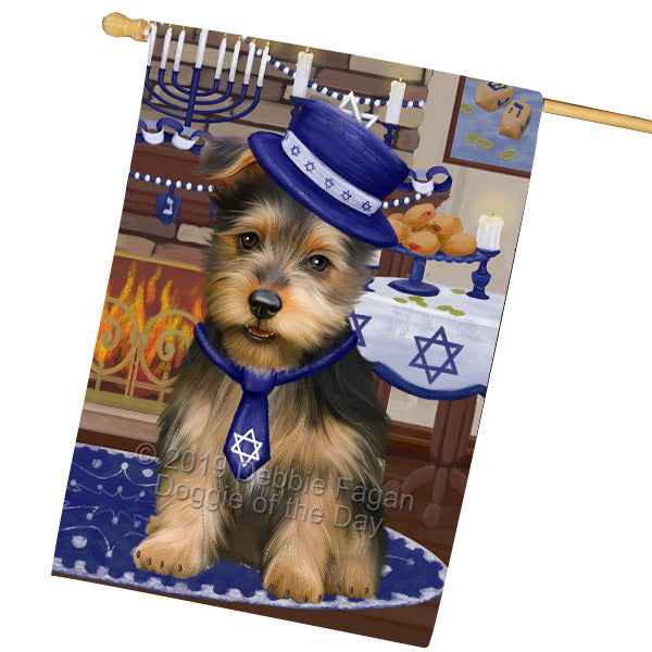Happy Hanukkah Family and Happy Hanukkah Both Australian Terrier Dog House Flag FLG65744