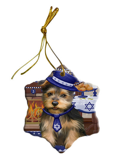 Happy Hanukkah Australian Terrier Dog Star Porcelain Ornament SPOR57644