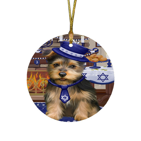 Happy Hanukkah Family and Happy Hanukkah Both Australian Terrier Dog Round Flat Christmas Ornament RFPOR57548