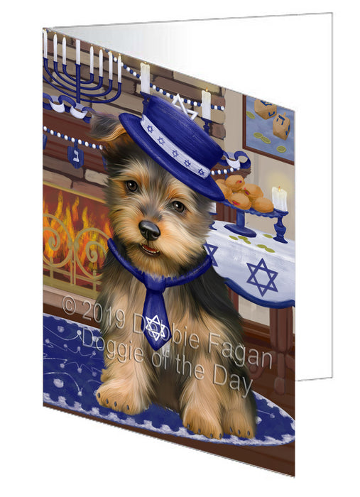 Happy Hanukkah Australian Terrier Dog Handmade Artwork Assorted Pets Greeting Cards and Note Cards with Envelopes for All Occasions and Holiday Seasons GCD78278