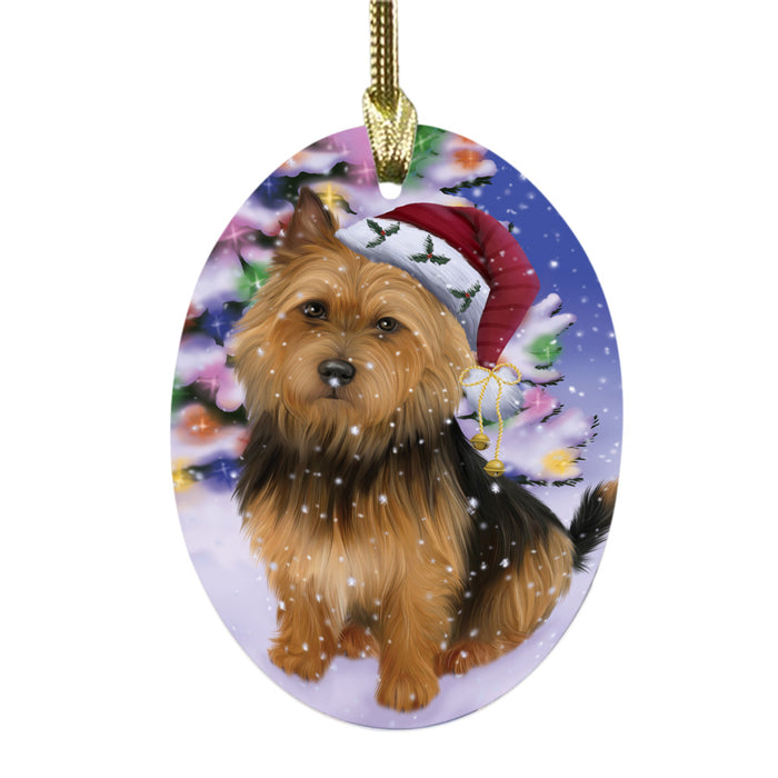 Winterland Wonderland Australian Terrier Dog In Christmas Holiday Scenic Background Oval Glass Christmas Ornament OGOR49505
