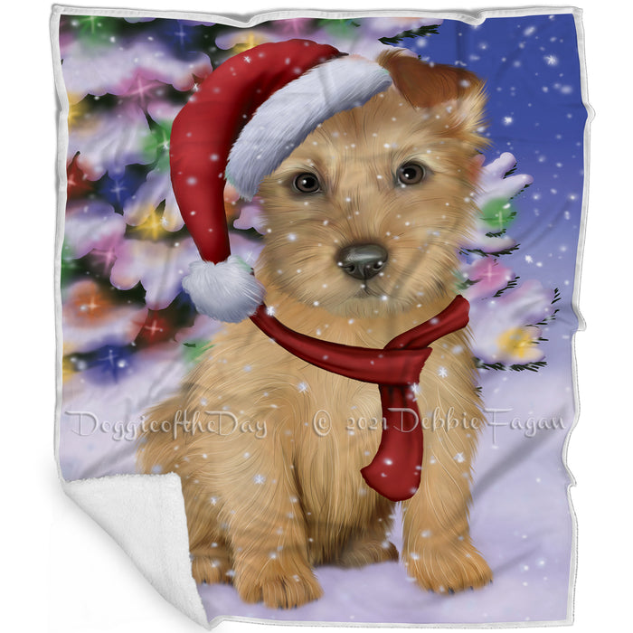 Winterland Wonderland Australian Terrier Dog In Christmas Holiday Scenic Background Blanket BLNKT100911