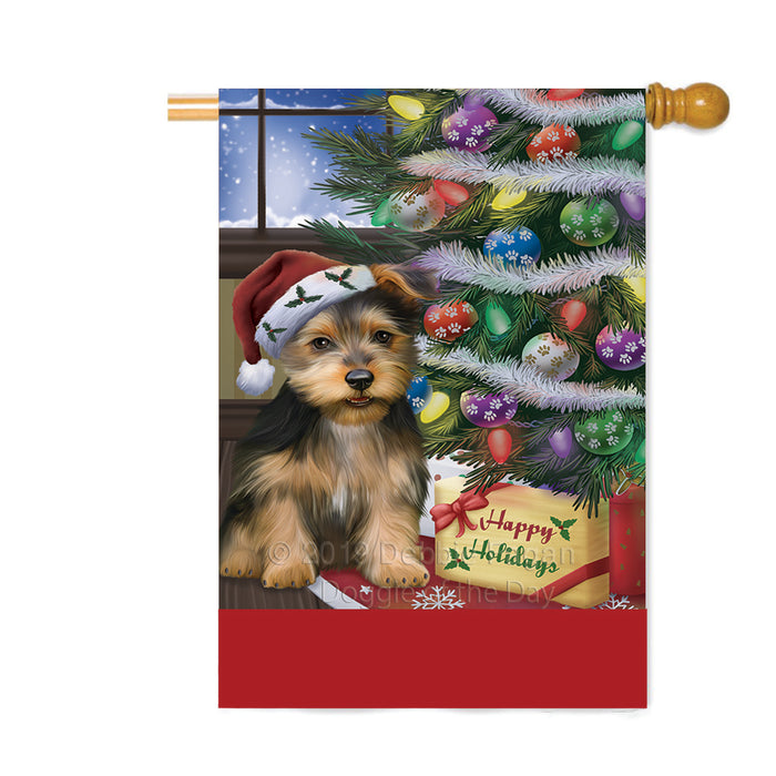 Personalized Christmas Happy Holidays Australian Terrier Dog with Tree and Presents Custom House Flag FLG-DOTD-A58644
