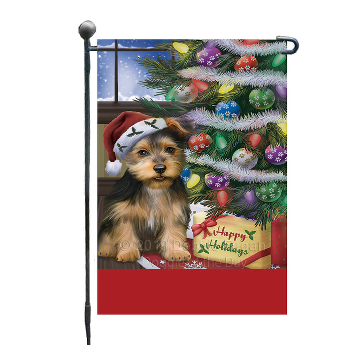 Personalized Christmas Happy Holidays Australian Terrier Dog with Tree and Presents Custom Garden Flags GFLG-DOTD-A58588